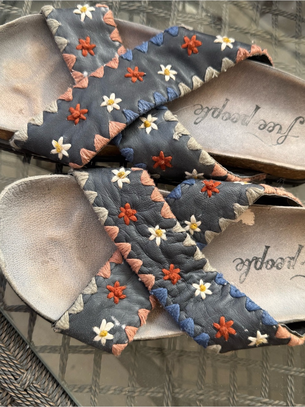 Free People Black Leather Cross-Strap Embroidered Sandals